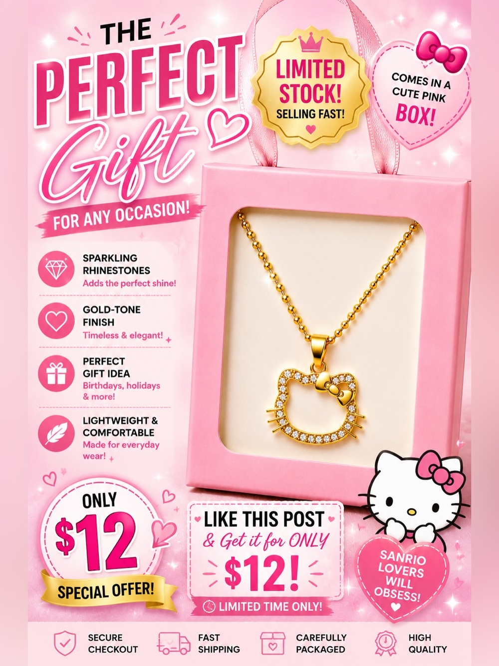 Hello Kitty Gold Rhinestone Necklace in Pink Gift Box ✨ Cute Kawaii Jewelry